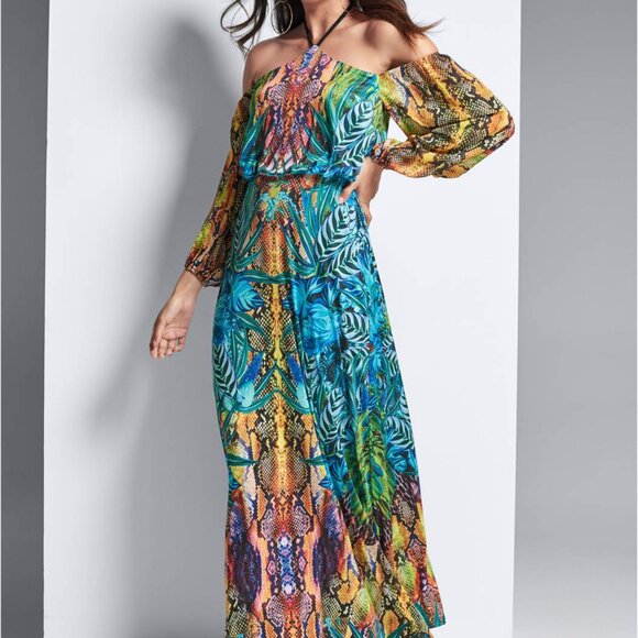 VENUS Blue Multi Color Tropical Animal Print Maxi Dress, Size Medium - Picture 1 of 15